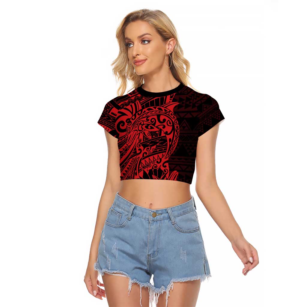 Red Couple Dolphins Maori Polynesian Style Raglan Cropped T Shirt LT9 Female Red - Polynesian Pride