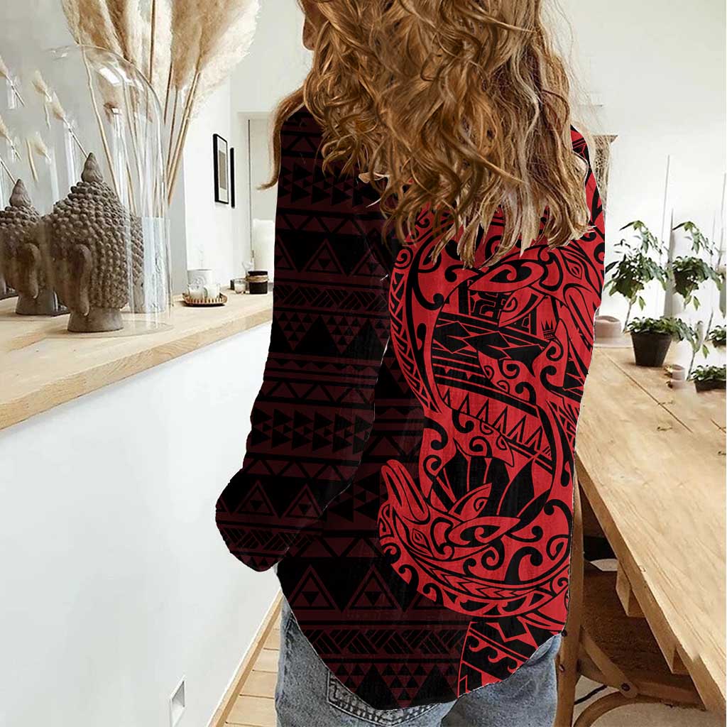 Red Couple Dolphins Maori Polynesian Style Women Casual Shirt