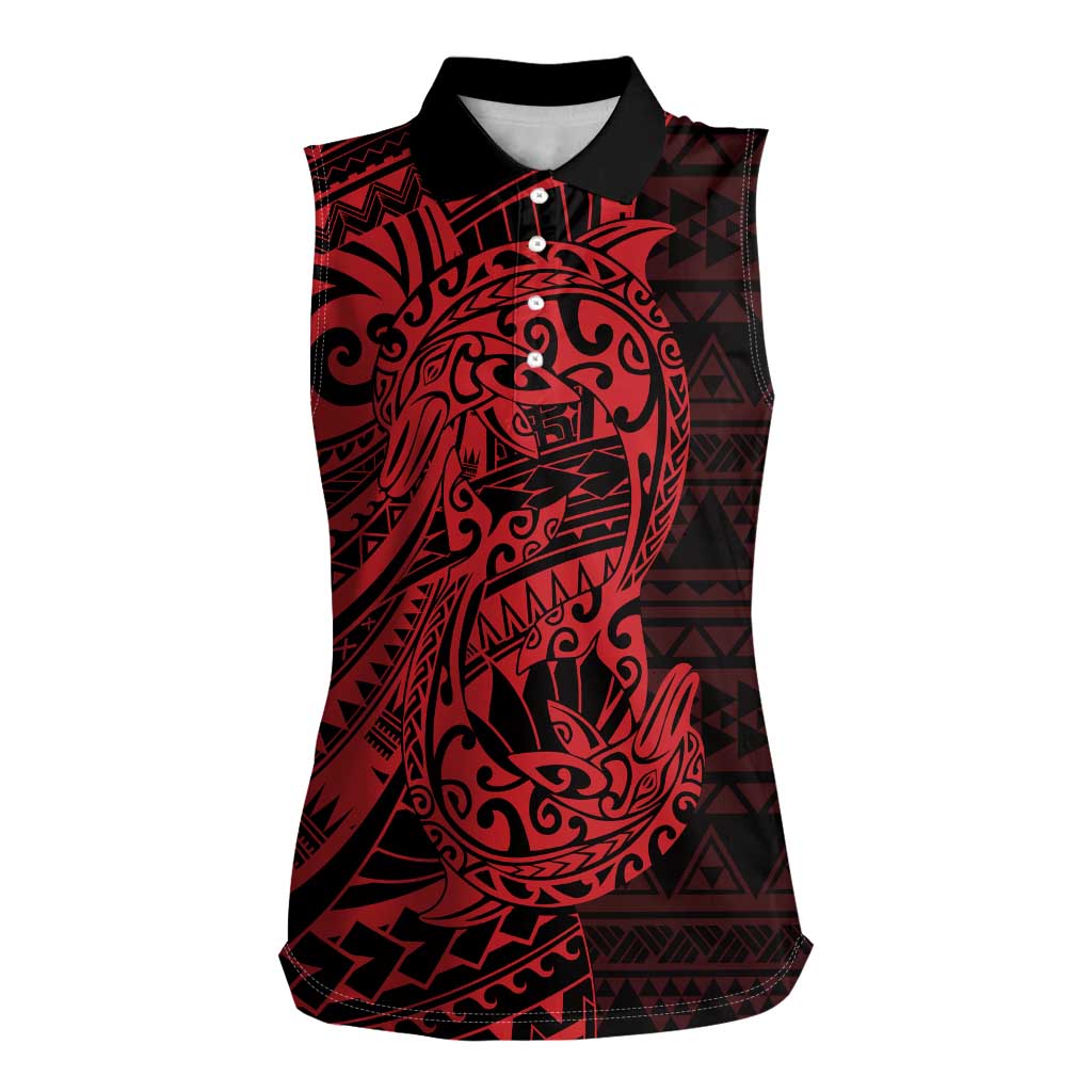 Red Couple Dolphins Maori Polynesian Style Women Sleeveless Polo Shirt LT9 Female Red - Polynesian Pride