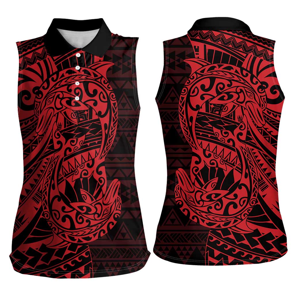 Red Couple Dolphins Maori Polynesian Style Women Sleeveless Polo Shirt LT9 - Polynesian Pride