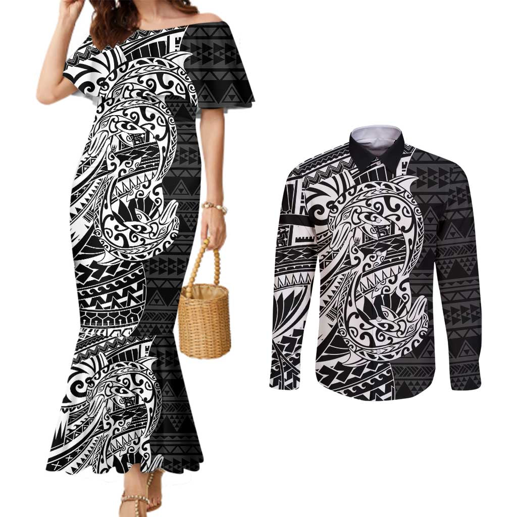 White Couple Dolphins Maori Polynesian Style Couples Matching Mermaid Dress and Long Sleeve Button Shirt LT9 White - Polynesian Pride