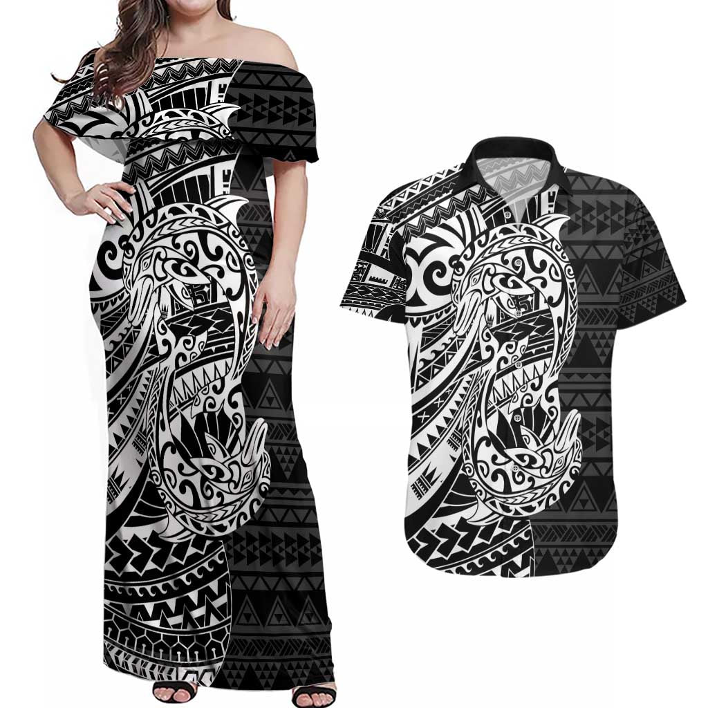White Couple Dolphins Maori Polynesian Style Couples Matching Off Shoulder Maxi Dress and Hawaiian Shirt LT9 White - Polynesian Pride