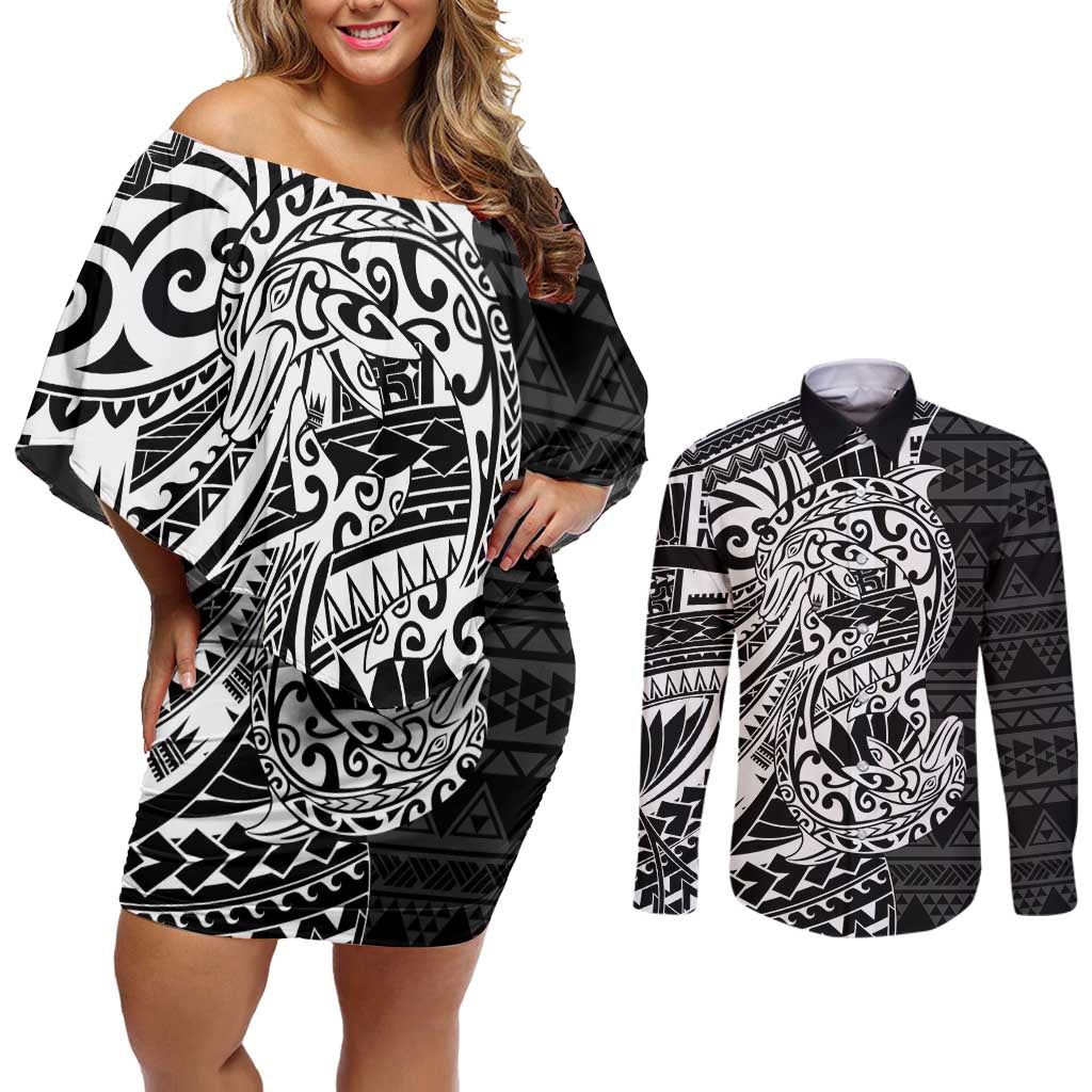 White Couple Dolphins Maori Polynesian Style Couples Matching Off Shoulder Short Dress and Long Sleeve Button Shirt LT9 White - Polynesian Pride