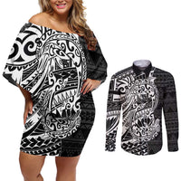 White Couple Dolphins Maori Polynesian Style Couples Matching Off Shoulder Short Dress and Long Sleeve Button Shirt LT9 White - Polynesian Pride