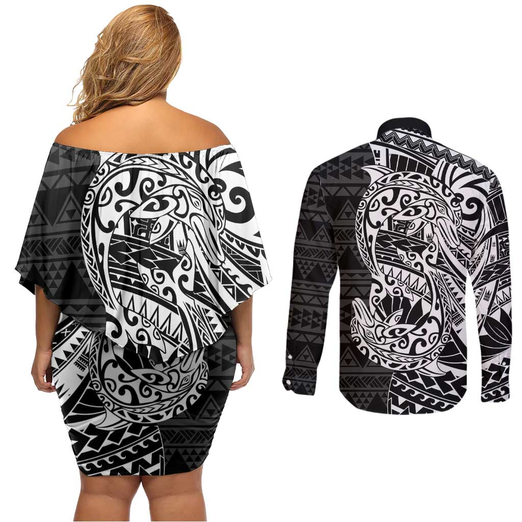 White Couple Dolphins Maori Polynesian Style Couples Matching Off Shoulder Short Dress and Long Sleeve Button Shirt LT9 - Polynesian Pride