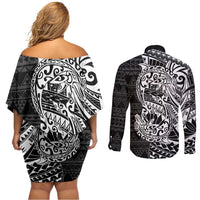 White Couple Dolphins Maori Polynesian Style Couples Matching Off Shoulder Short Dress and Long Sleeve Button Shirt LT9 - Polynesian Pride