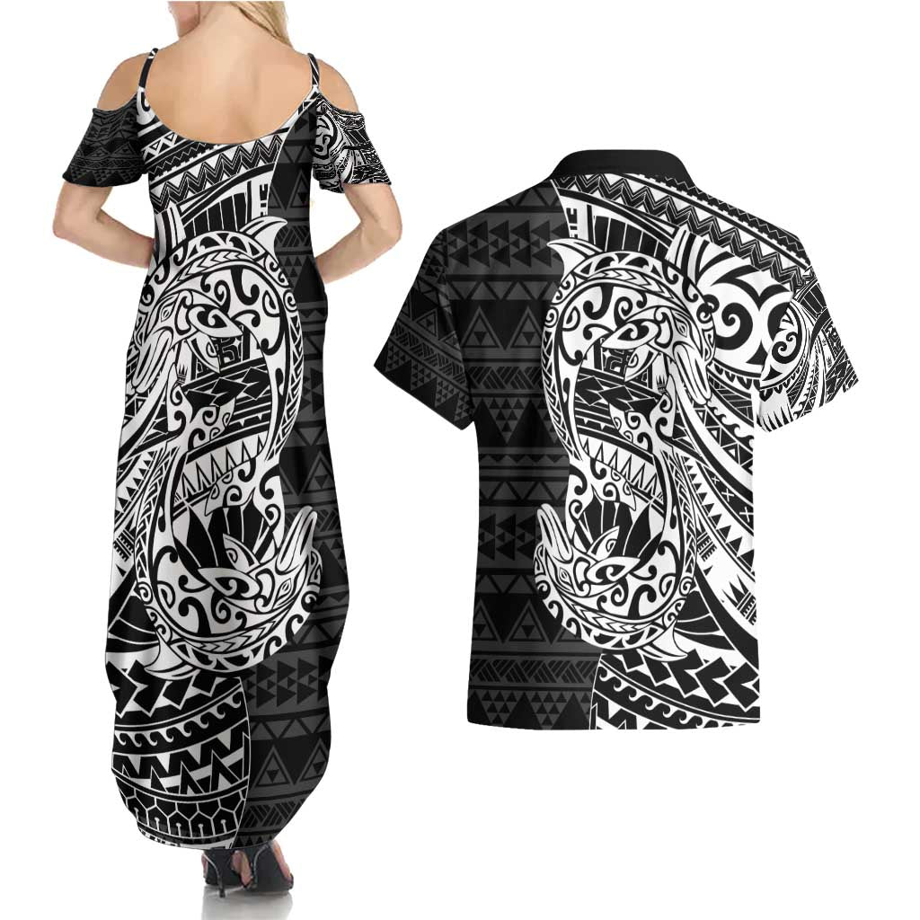 White Couple Dolphins Maori Polynesian Style Couples Matching Summer Maxi Dress and Hawaiian Shirt LT9 - Polynesian Pride