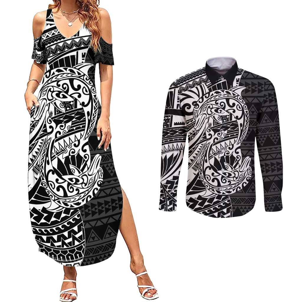 White Couple Dolphins Maori Polynesian Style Couples Matching Summer Maxi Dress and Long Sleeve Button Shirt LT9 White - Polynesian Pride