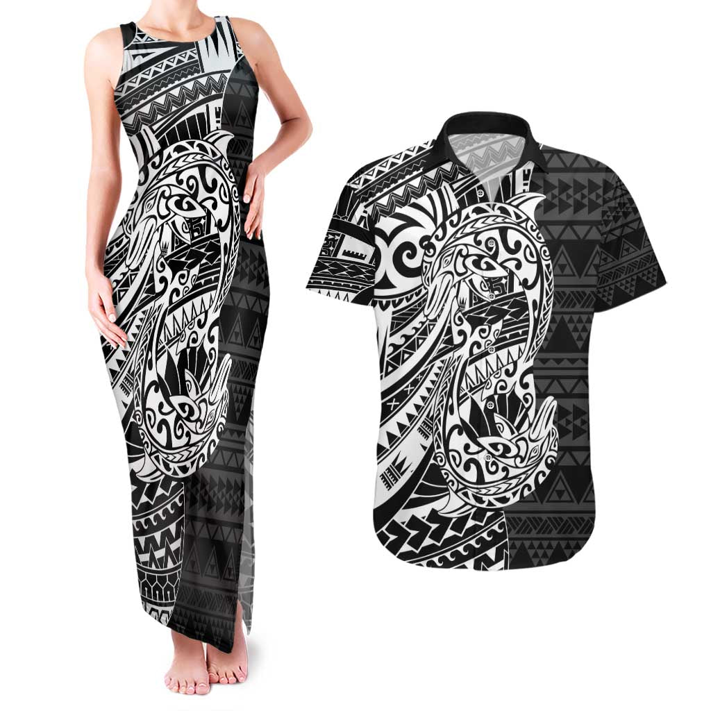 White Couple Dolphins Maori Polynesian Style Couples Matching Tank Maxi Dress and Hawaiian Shirt LT9 White - Polynesian Pride