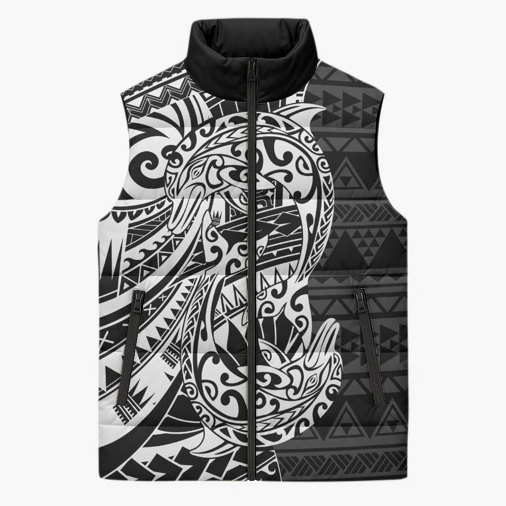 White Couple Dolphins Maori Polynesian Style Sleeveless Puffer Jacket - Polynesian Pride