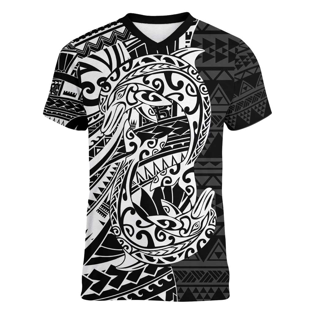 White Couple Dolphins Maori Polynesian Style Women V-Neck T-Shirt LT9 Female White - Polynesian Pride