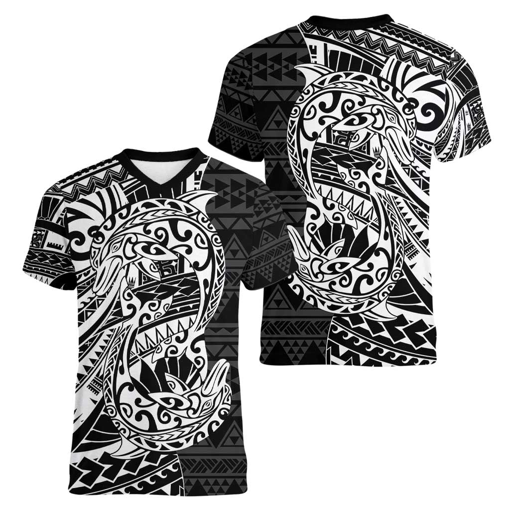 White Couple Dolphins Maori Polynesian Style Women V-Neck T-Shirt LT9 - Polynesian Pride