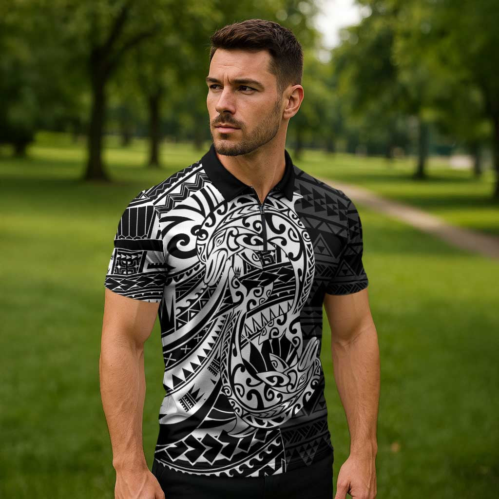 White Couple Dolphins Maori Polynesian Style Zipper Polo Shirt - Polynesian Pride