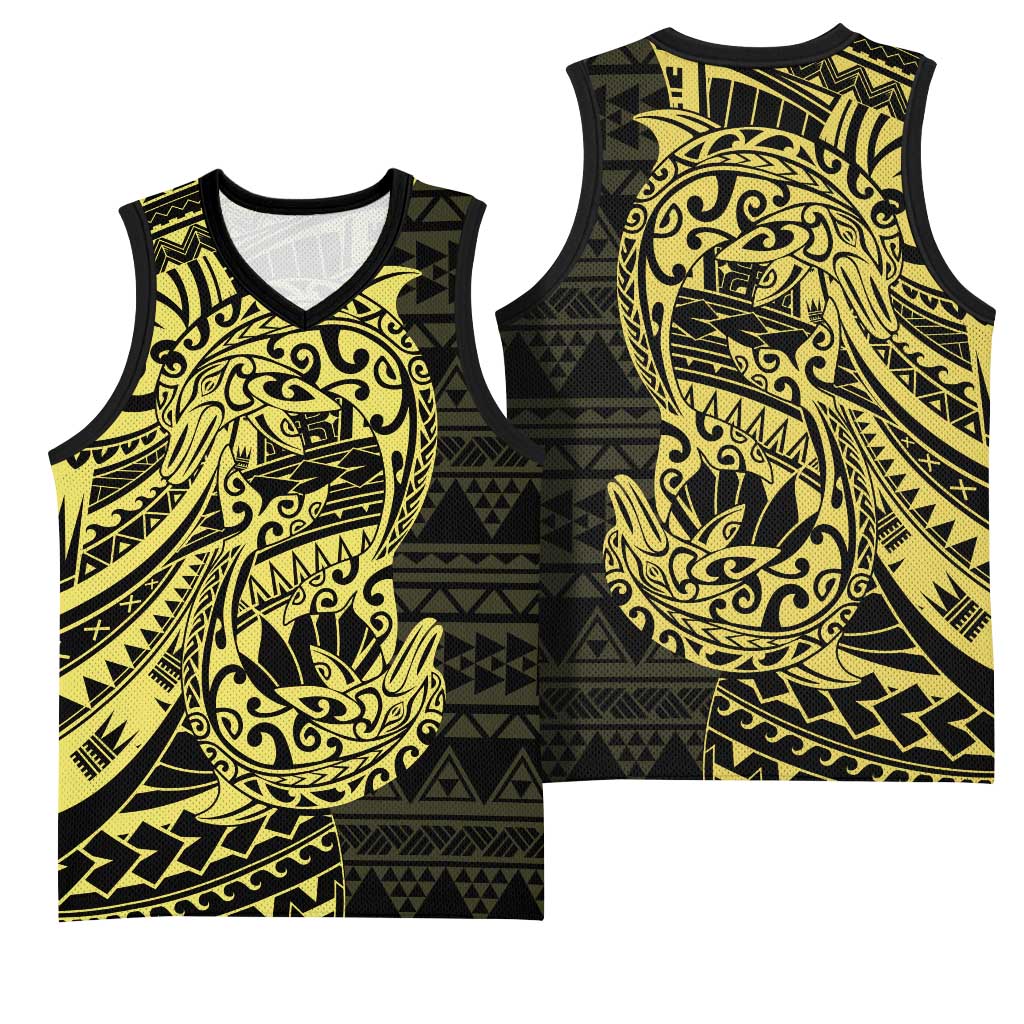 Yellow Couple Dolphins Maori Polynesian Style Basketball Jersey - Polynesian Pride