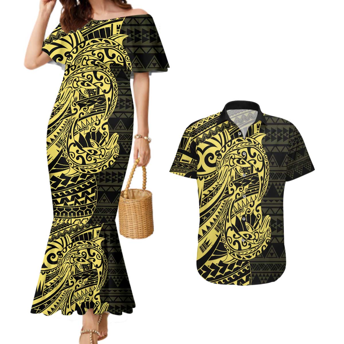 Yellow Couple Dolphins Maori Polynesian Style Couples Matching Mermaid Dress and Hawaiian Shirt LT9 Yellow - Polynesian Pride