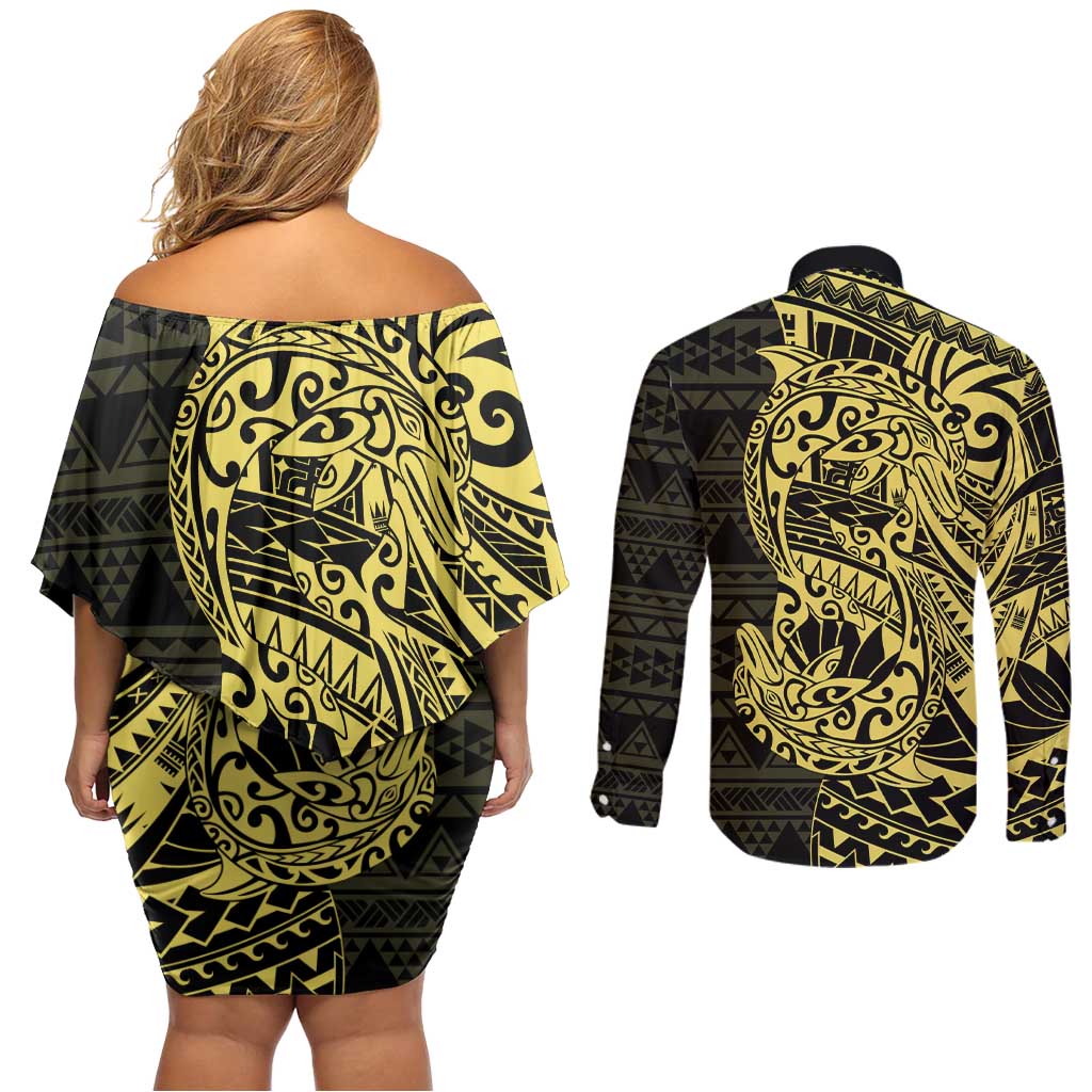 Yellow Couple Dolphins Maori Polynesian Style Couples Matching Off Shoulder Short Dress and Long Sleeve Button Shirt LT9 - Polynesian Pride