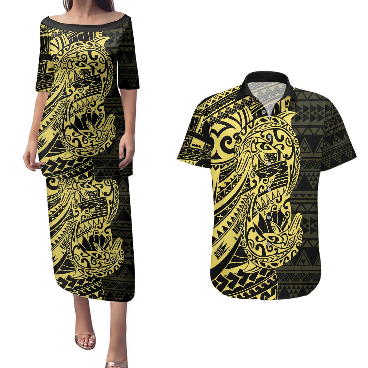 Yellow Couple Dolphins Maori Polynesian Style Couples Matching Puletasi and Hawaiian Shirt LT9 Yellow - Polynesian Pride