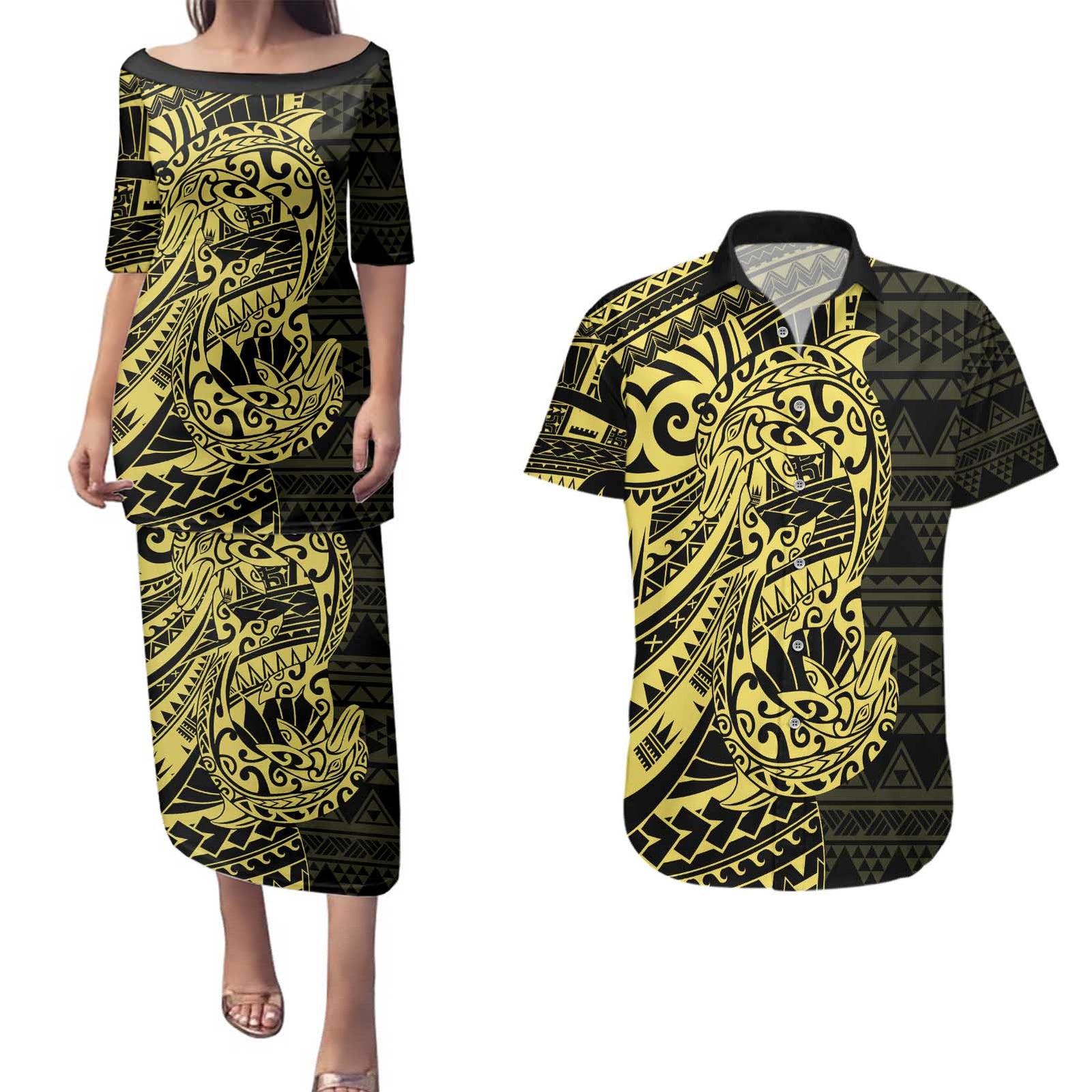 Yellow Couple Dolphins Maori Polynesian Style Couples Matching Puletasi and Hawaiian Shirt LT9 Yellow - Polynesian Pride