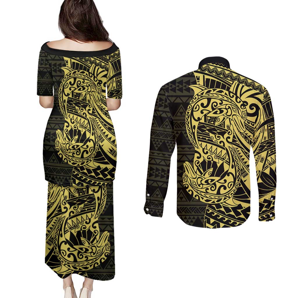 Yellow Couple Dolphins Maori Polynesian Style Couples Matching Puletasi and Long Sleeve Button Shirt LT9 - Polynesian Pride