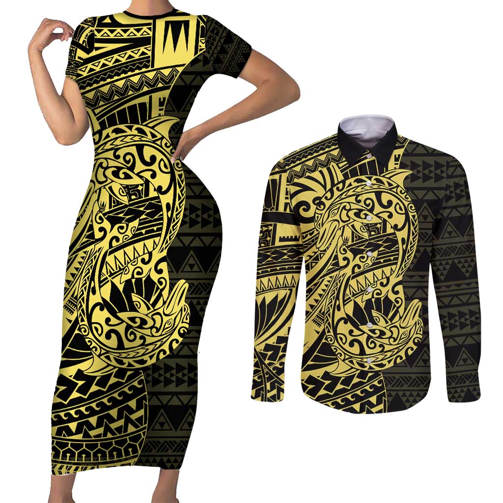 Yellow Couple Dolphins Maori Polynesian Style Couples Matching Short Sleeve Bodycon Dress and Long Sleeve Button Shirt LT9 Yellow - Polynesian Pride