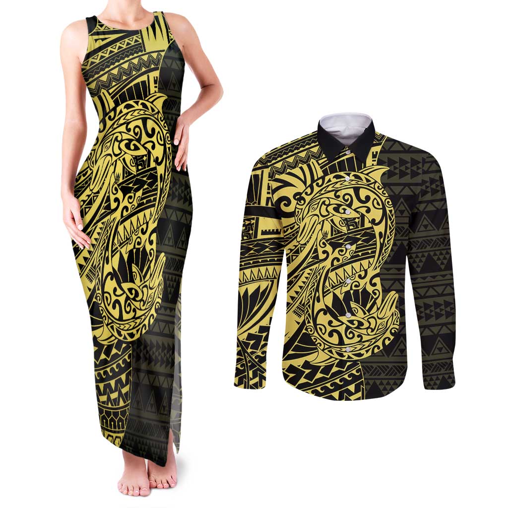 Yellow Couple Dolphins Maori Polynesian Style Couples Matching Tank Maxi Dress and Long Sleeve Button Shirt LT9 Yellow - Polynesian Pride