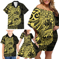 Yellow Couple Dolphins Maori Polynesian Style Family Matching Off Shoulder Short Dress and Hawaiian Shirt