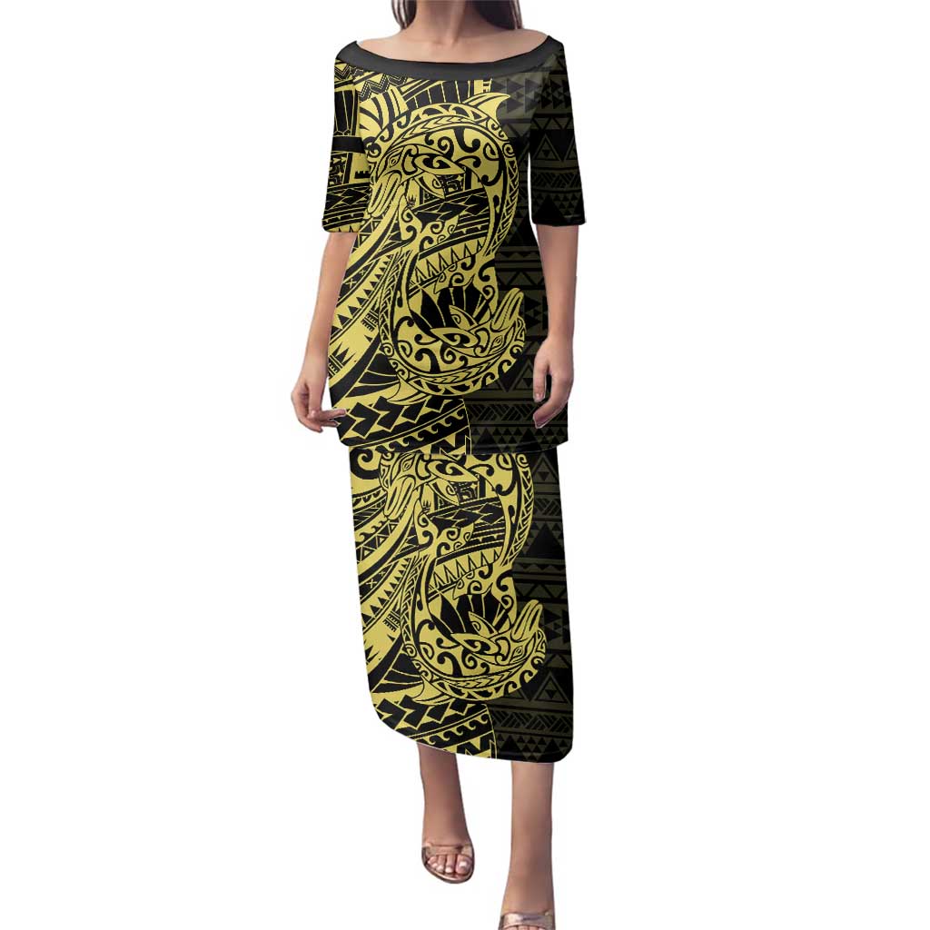 Yellow Couple Dolphins Maori Polynesian Style Family Matching Puletasi and Hawaiian Shirt