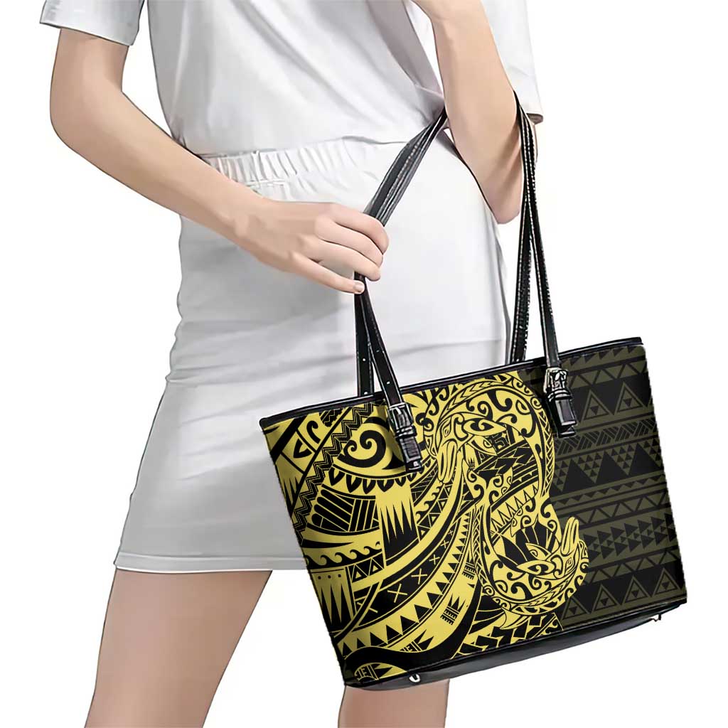 Yellow Couple Dolphins Maori Polynesian Style Leather Tote Bag