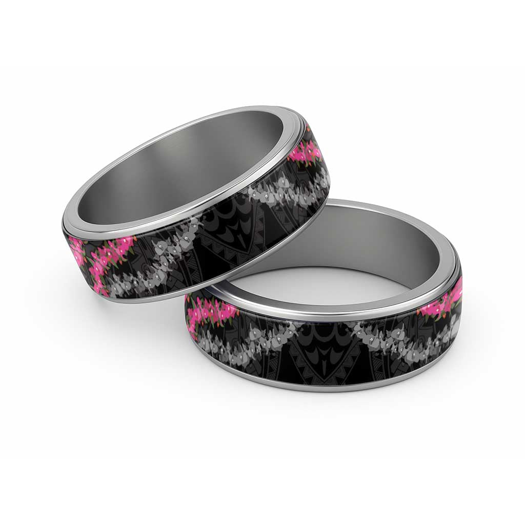 Guam Bougainvillea Lei Classic Ring Chamorro Tribal Pattern LT9 Sliver Black - Polynesian Pride