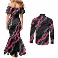 Guam Bougainvillea Lei Couples Matching Mermaid Dress and Long Sleeve Button Shirt Chamorro Tribal Pattern