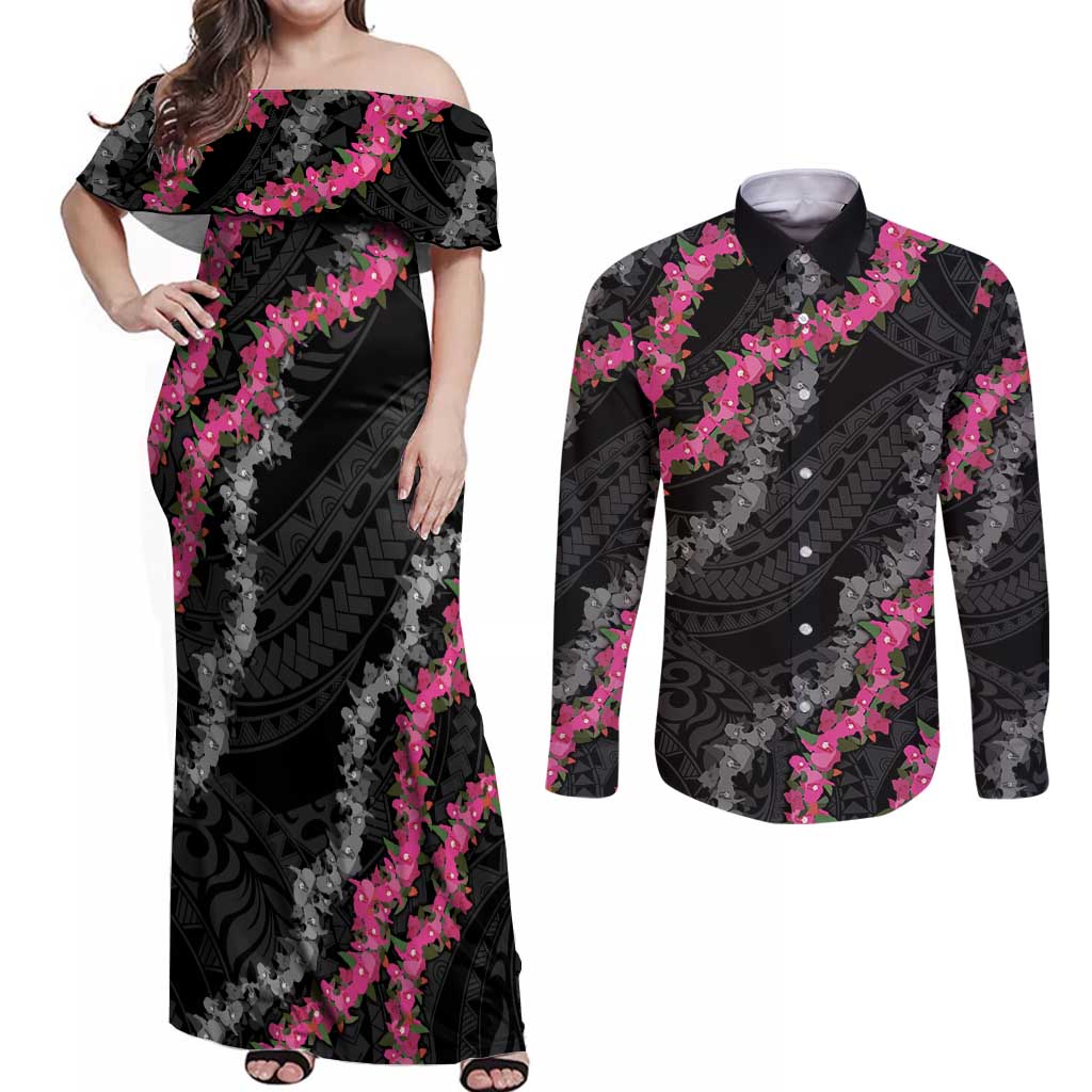 Guam Bougainvillea Lei Couples Matching Off Shoulder Maxi Dress and Long Sleeve Button Shirt Chamorro Tribal Pattern