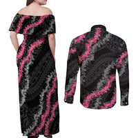 Guam Bougainvillea Lei Couples Matching Off Shoulder Maxi Dress and Long Sleeve Button Shirt Chamorro Tribal Pattern