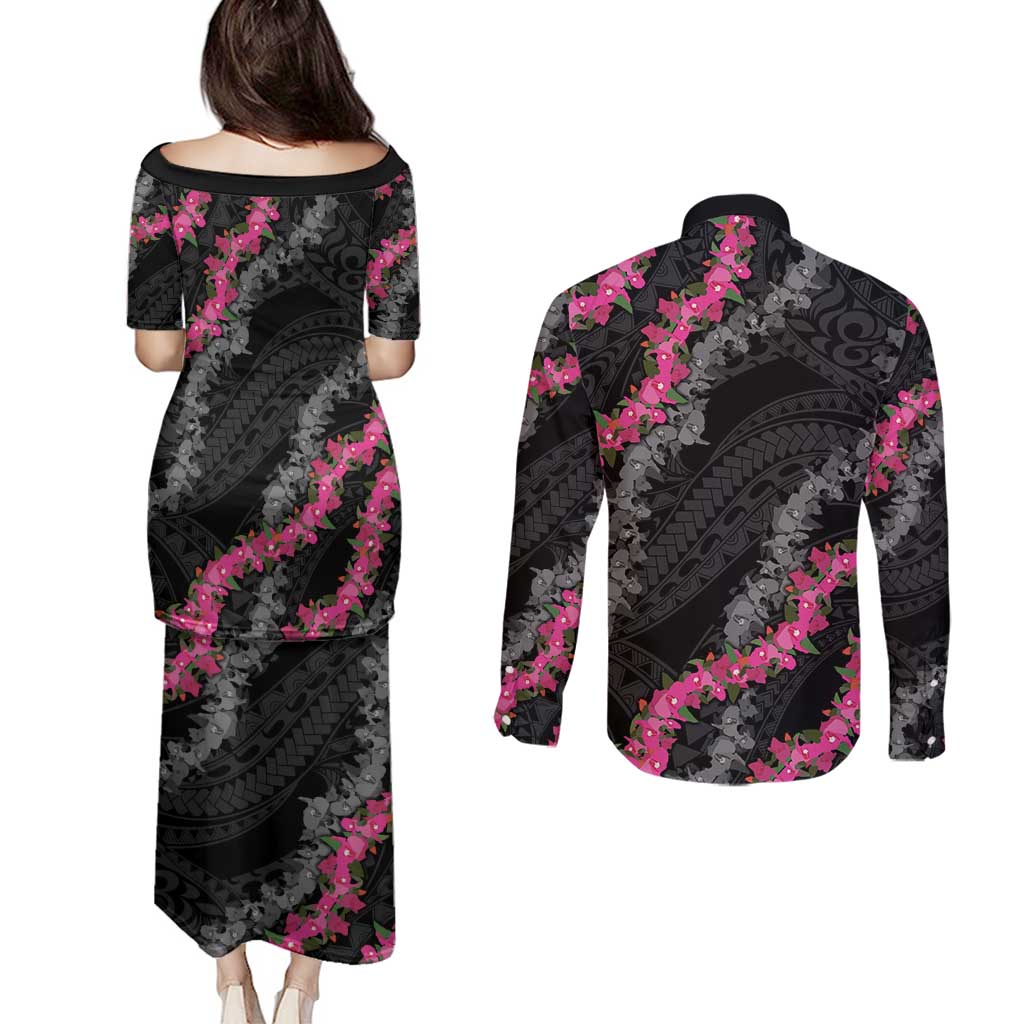 Guam Bougainvillea Lei Couples Matching Puletasi and Long Sleeve Button Shirt Chamorro Tribal Pattern