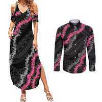 Guam Bougainvillea Lei Couples Matching Summer Maxi Dress and Long Sleeve Button Shirt Chamorro Tribal Pattern
