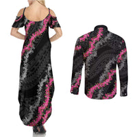 Guam Bougainvillea Lei Couples Matching Summer Maxi Dress and Long Sleeve Button Shirt Chamorro Tribal Pattern