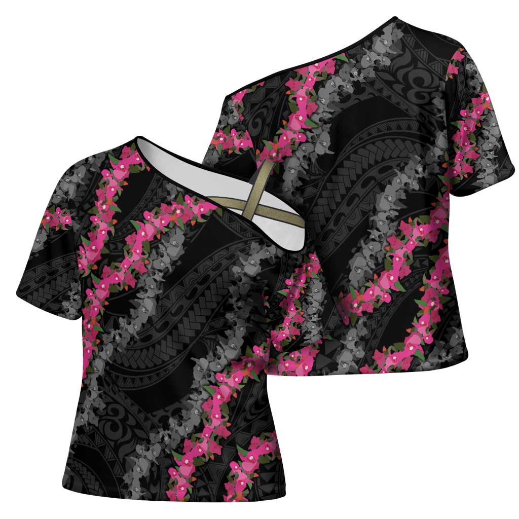 Guam Bougainvillea Lei Cross Shoulder Shirt Chamorro Tribal Pattern - Polynesian Pride