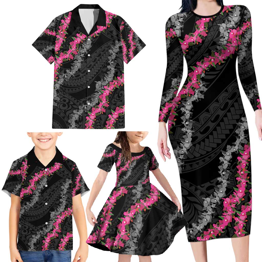 Guam Bougainvillea Lei Family Matching Long Sleeve Bodycon Dress and Hawaiian Shirt Chamorro Tribal Pattern