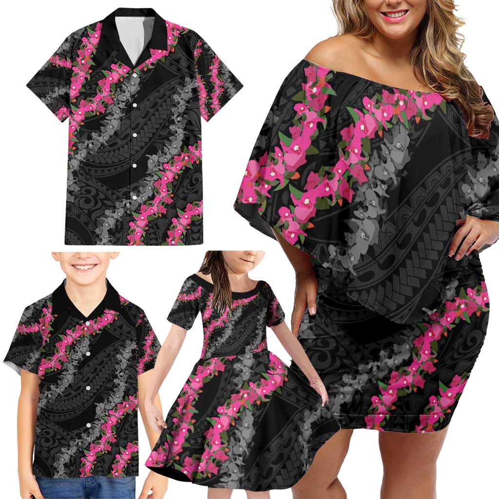 Guam Bougainvillea Lei Family Matching Off Shoulder Short Dress and Hawaiian Shirt Chamorro Tribal Pattern