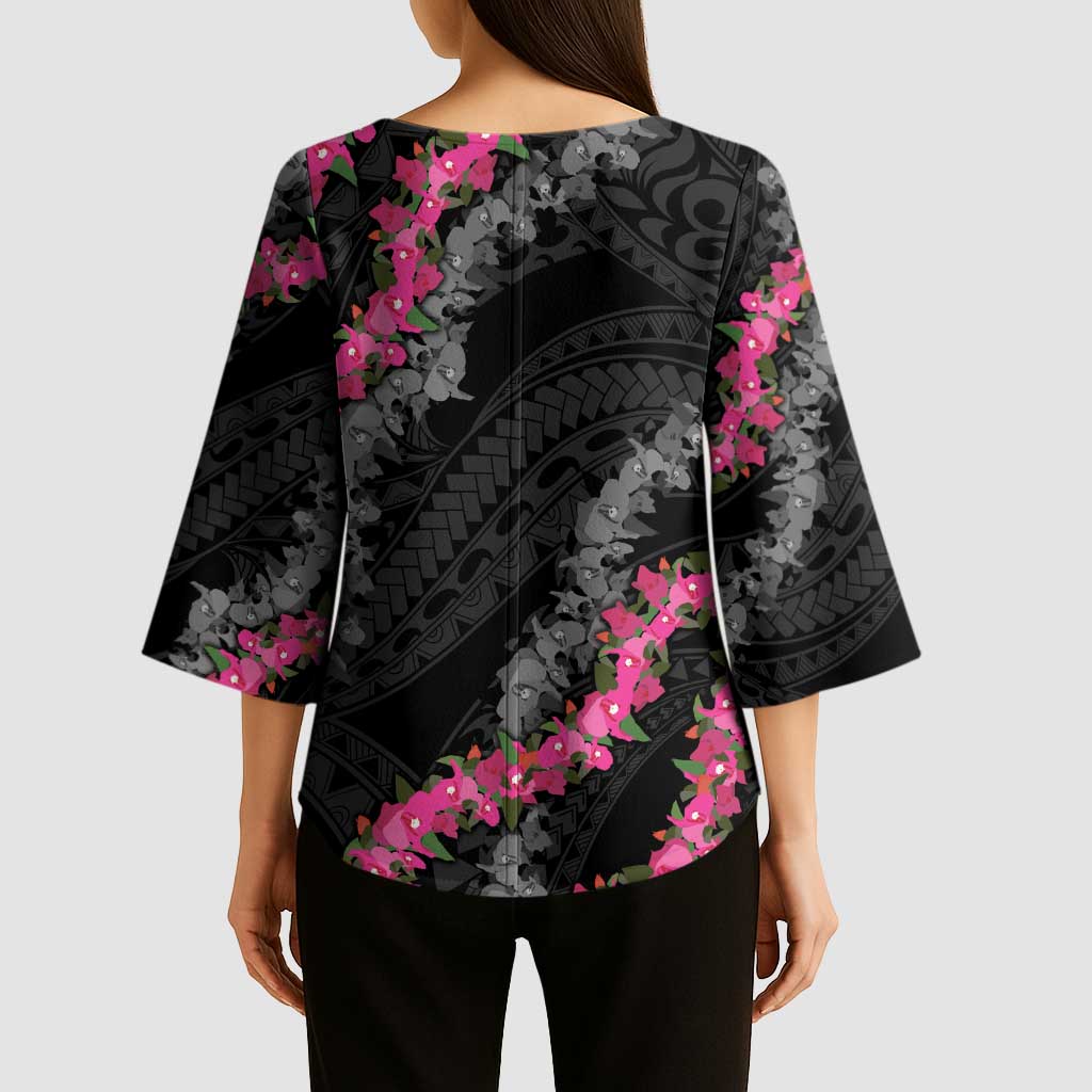 Guam Bougainvillea Lei Kimono Sleeve Blouse Chamorro Tribal Pattern - Polynesian Pride
