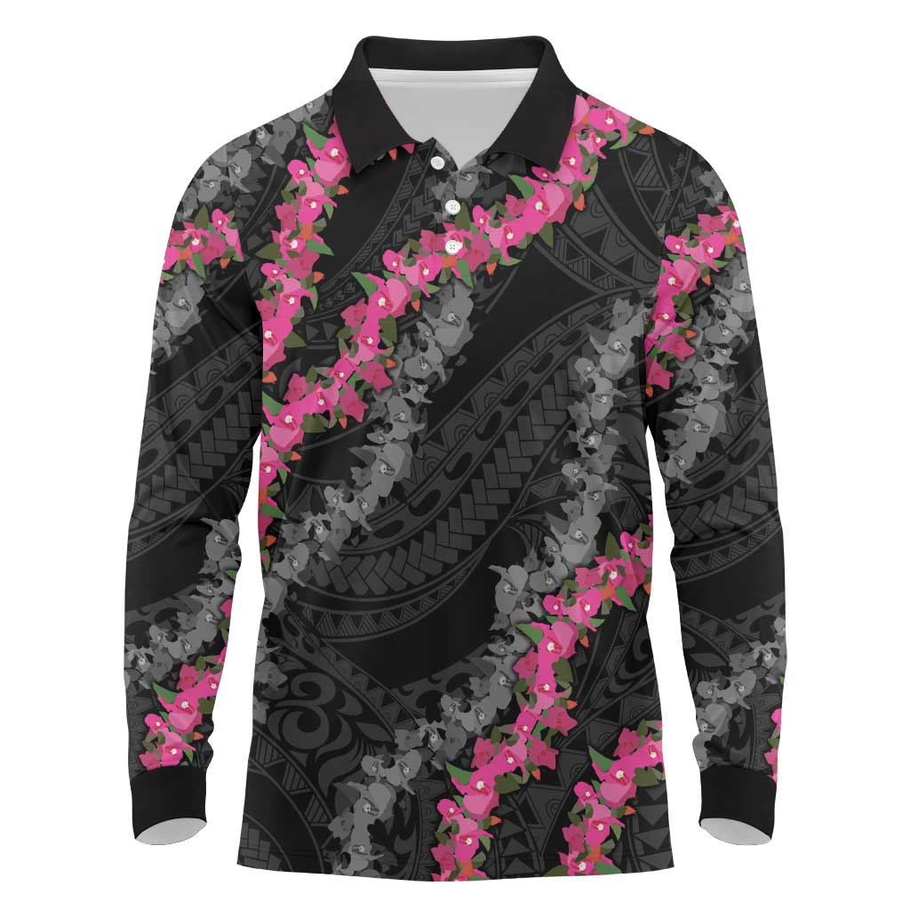 Guam Bougainvillea Lei Long Sleeve Polo Shirt Chamorro Tribal Pattern