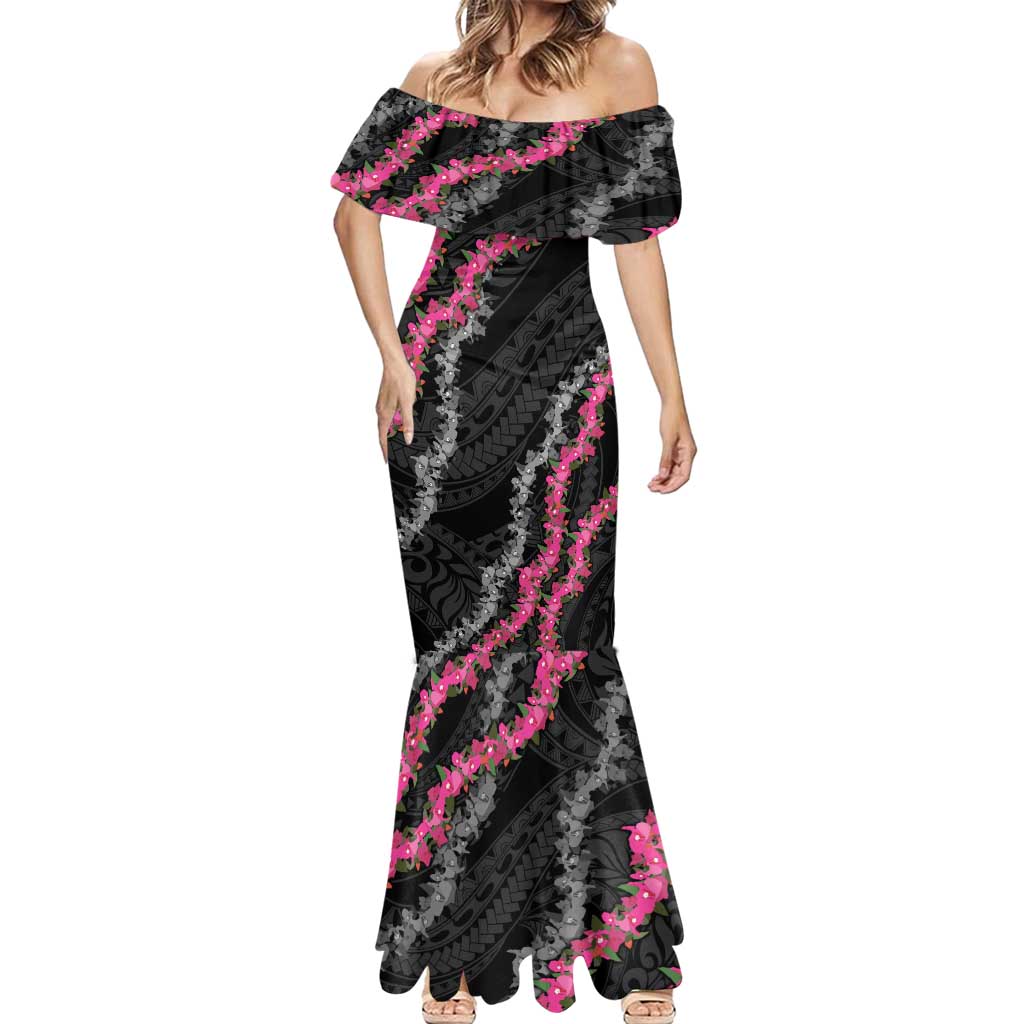 Guam Bougainvillea Lei Mermaid Dress Chamorro Tribal Pattern