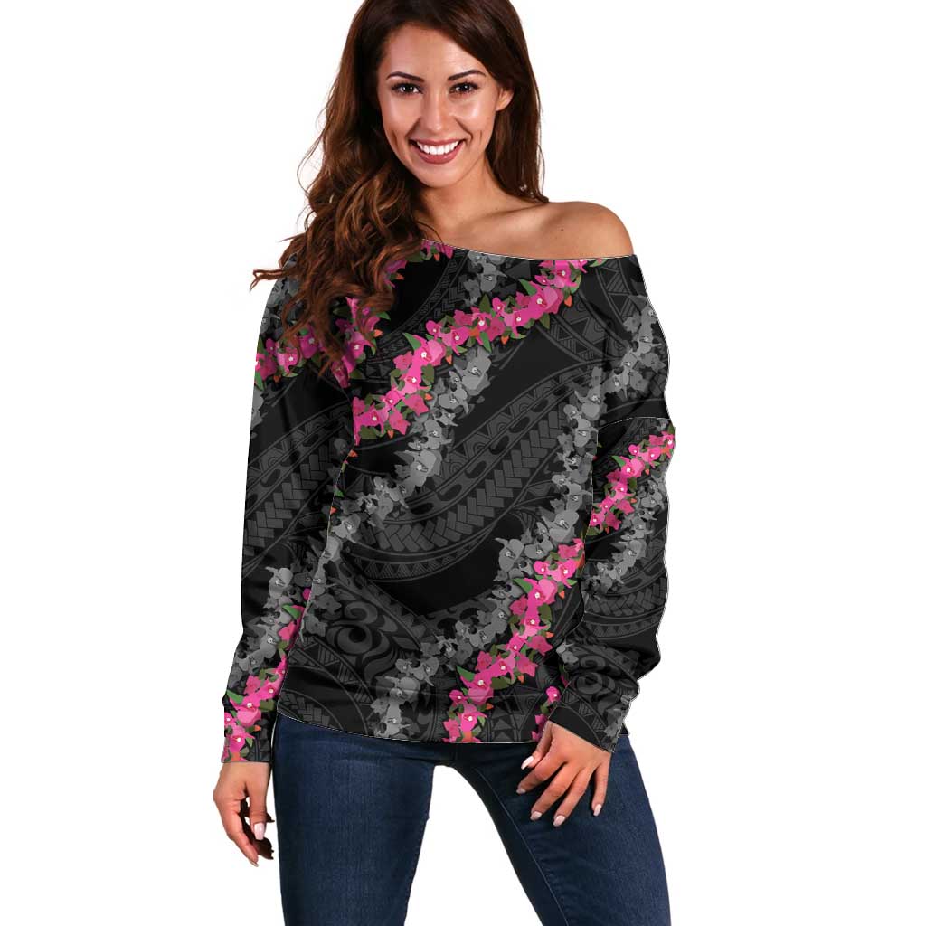 Guam Bougainvillea Lei Off Shoulder Sweater Chamorro Tribal Pattern