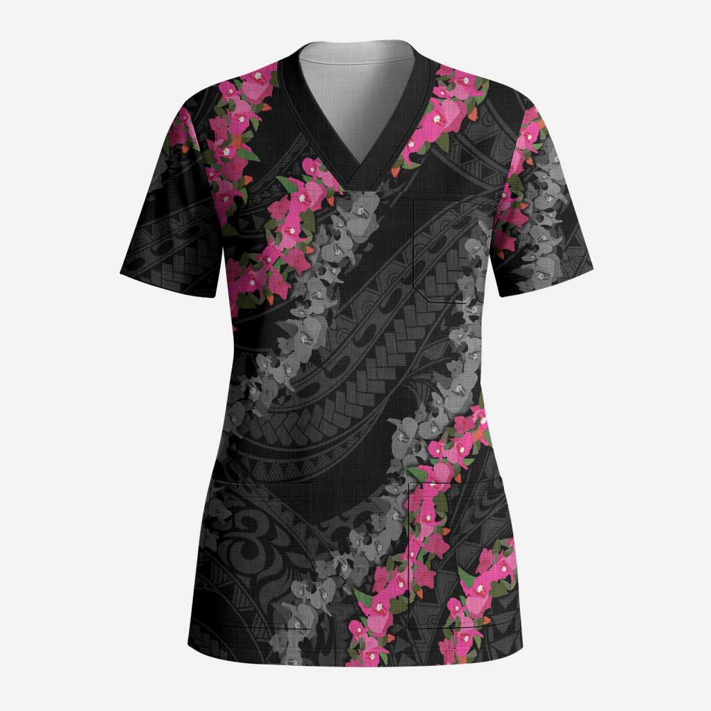 Guam Bougainvillea Lei Scrub Top Chamorro Tribal Pattern LT9 Adult Black - Polynesian Pride