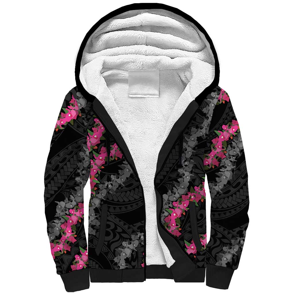 Guam Bougainvillea Lei Sherpa Hoodie Chamorro Tribal Pattern