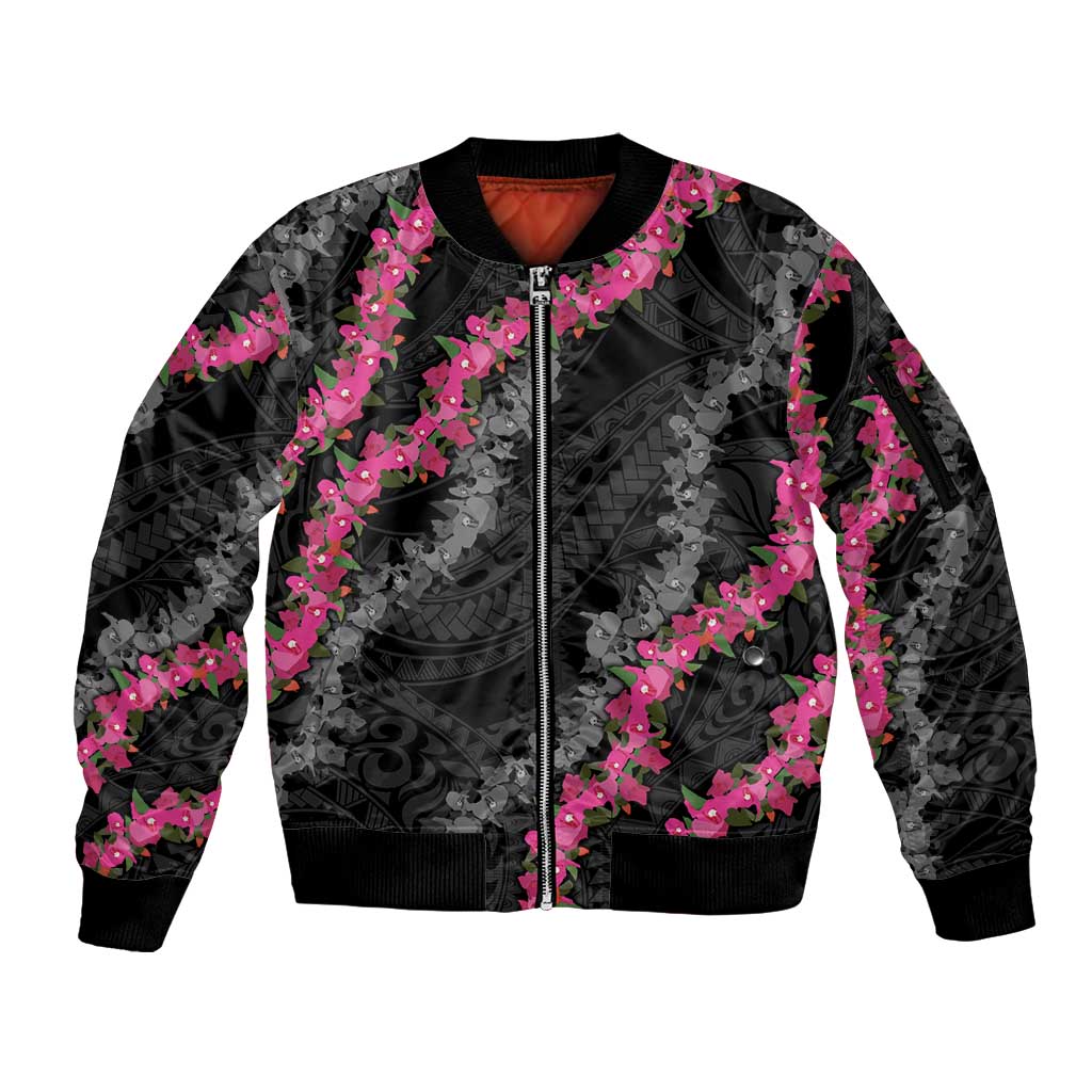 Guam Bougainvillea Lei Sleeve Zip Bomber Jacket Chamorro Tribal Pattern