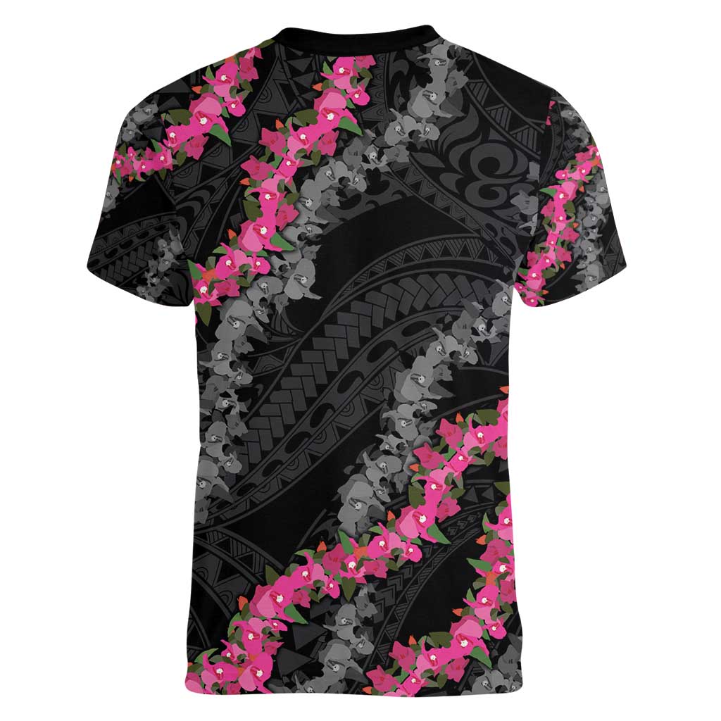 Guam Bougainvillea Lei Women V-Neck T-Shirt Chamorro Tribal Pattern