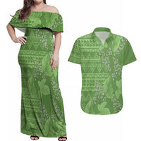 Hawaii Molokai Island Kukui Nut Flowers Couples Matching Off Shoulder Maxi Dress and Hawaiian Shirt Tribal Kakau Pattern