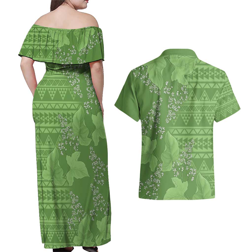 Hawaii Molokai Island Kukui Nut Flowers Couples Matching Off Shoulder Maxi Dress and Hawaiian Shirt Tribal Kakau Pattern
