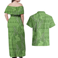 Hawaii Molokai Island Kukui Nut Flowers Couples Matching Off Shoulder Maxi Dress and Hawaiian Shirt Tribal Kakau Pattern
