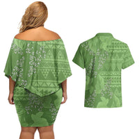 Hawaii Molokai Island Kukui Nut Flowers Couples Matching Off Shoulder Short Dress and Hawaiian Shirt Tribal Kakau Pattern